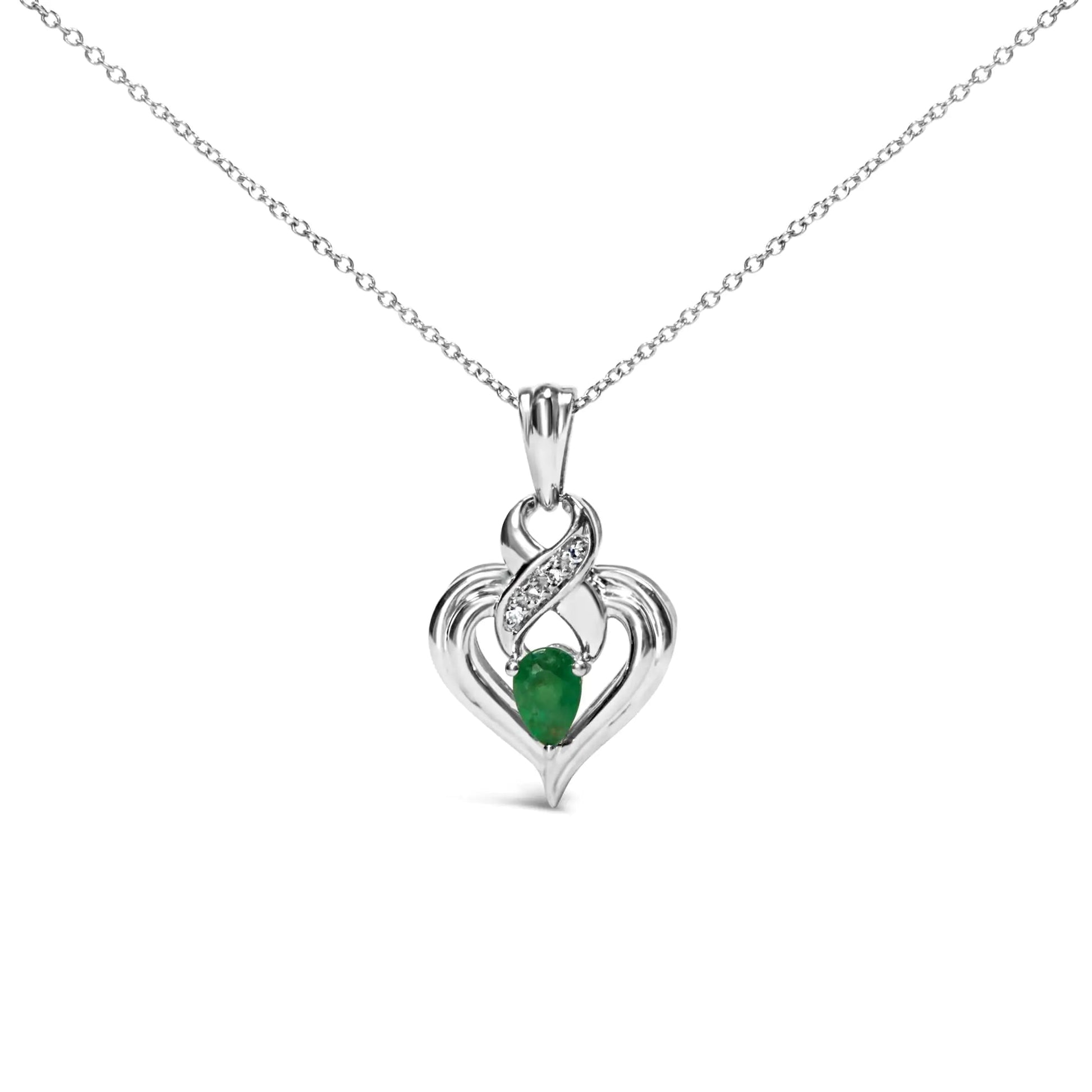 .925 Sterling Silver 6x4mm Pear Emerald and Diamond Accent Heart Pendant Necklace (H-I Color, SI1-SI2 Clarity) - 18 Inches WEM Support (www.WEM.support)