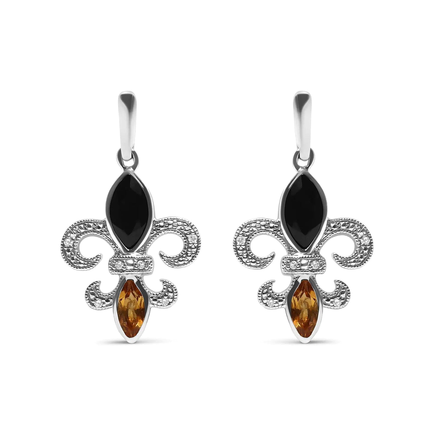 .925 Sterling Silver Marquise Cut Onyx and Citrine with Diamond Accent Fleur De Lis Drop Stud Earrings (H-I Color, SI1-SI2 Clarity) WEM Support (www.WEM.support)