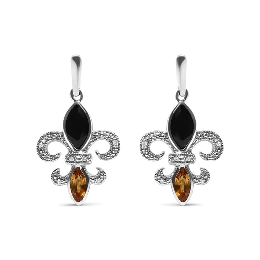 .925 Sterling Silver Marquise Cut Onyx and Citrine with Diamond Accent Fleur De Lis Drop Stud Earrings (H-I Color, SI1-SI2 Clarity) WEM Support (www.WEM.support)