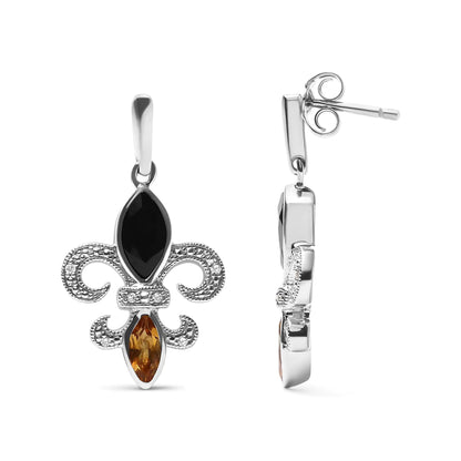 .925 Sterling Silver Marquise Cut Onyx and Citrine with Diamond Accent Fleur De Lis Drop Stud Earrings (H-I Color, SI1-SI2 Clarity) WEM Support (www.WEM.support)