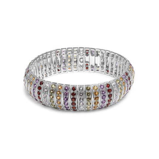 .925 Sterling Silver Multi Row Rainbow Gemstone  Bangle Bracelet - 7.5" Inches WEM Support (www.WEM.support)