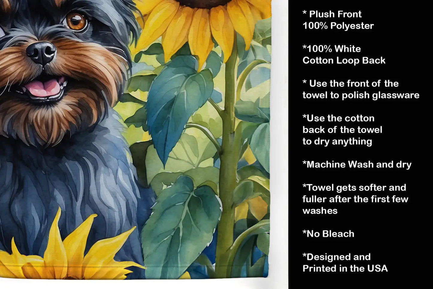 Affenpinscher in Sunflowers Kitchen Towel WEM Support (www.WEM.support)