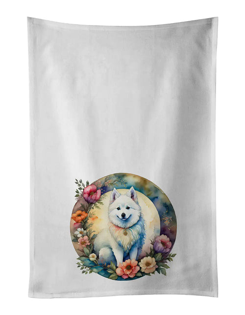 American Eskimo and Flowers Kitchen Towel Set of 2 WEM Support (www.WEM.support)