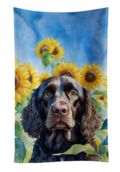 American Water Spaniel in Sunflowers Kitchen Towel WEM Support (www.WEM.support)