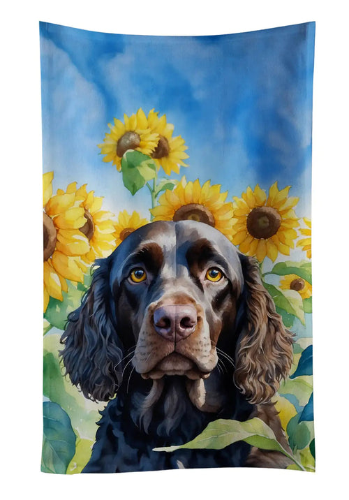 American Water Spaniel in Sunflowers Kitchen Towel WEM Support (www.WEM.support)