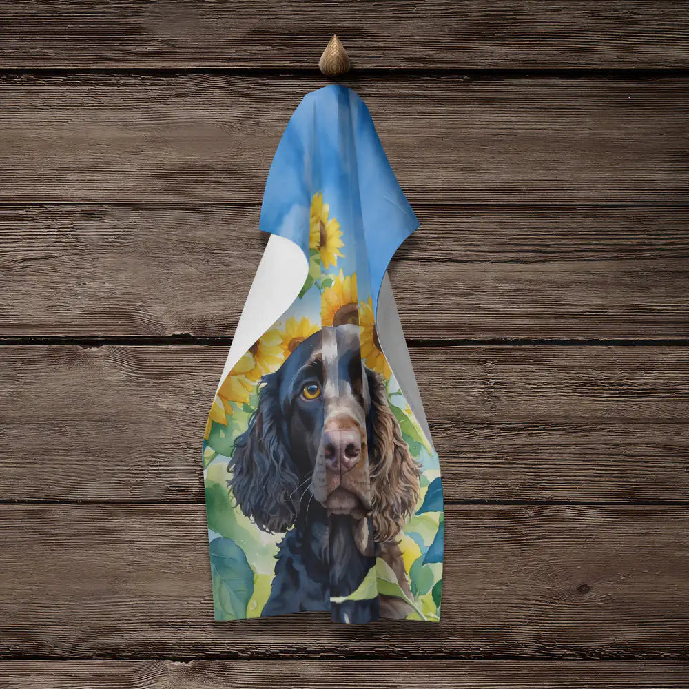American Water Spaniel in Sunflowers Kitchen Towel WEM Support (www.WEM.support)