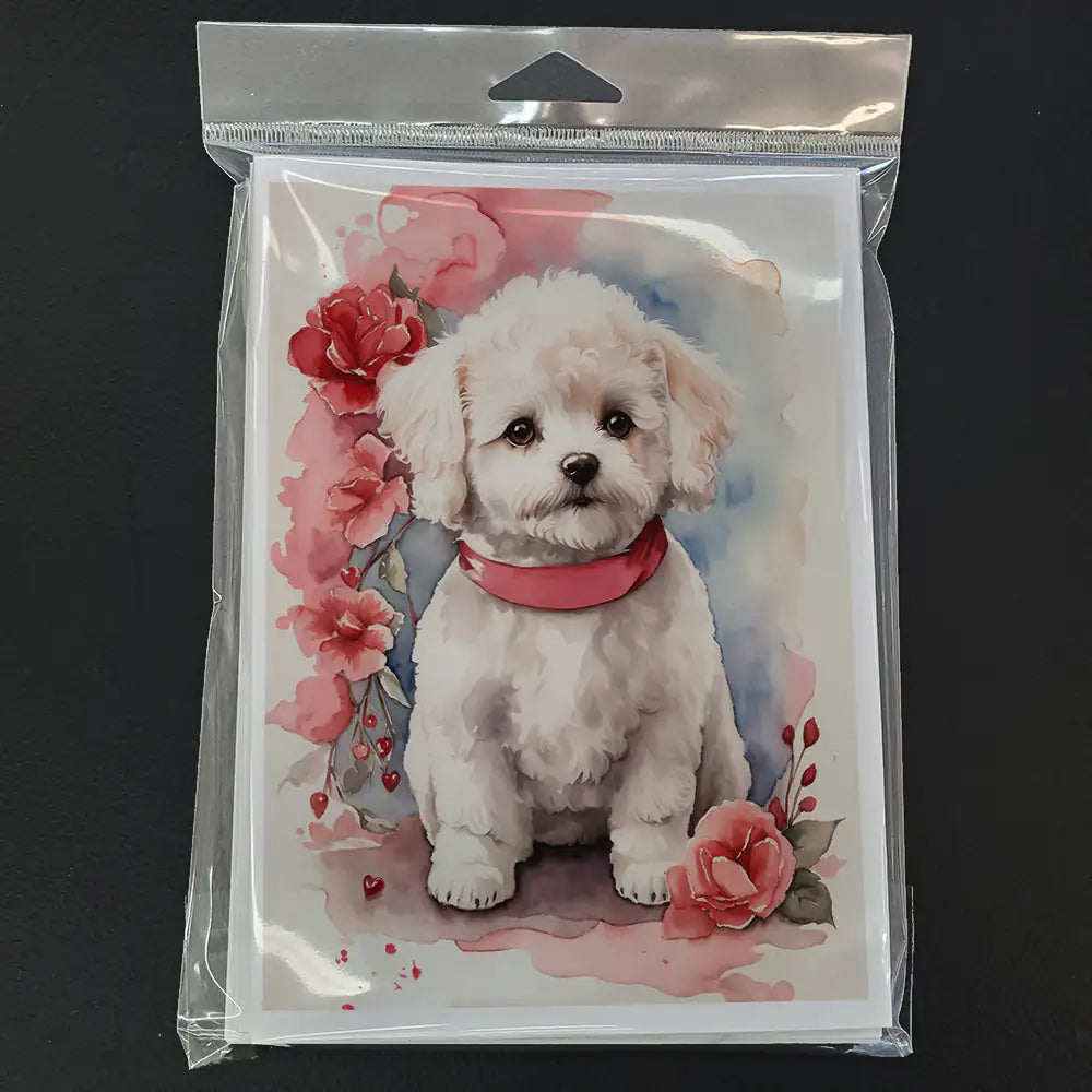 Bichon Frise Valentine Roses Greeting Cards Pack of 8 WEM Support (www.WEM.support)