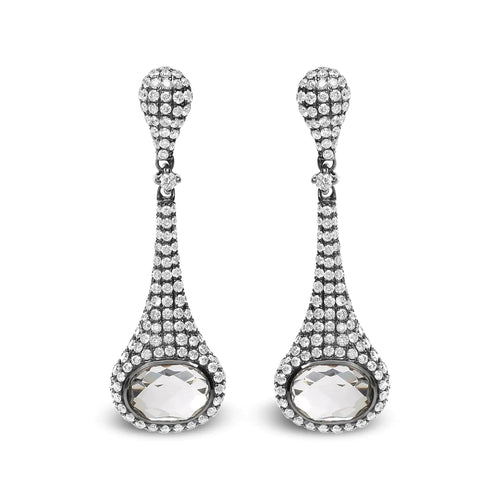 Black Rhodium Plated 18K White Gold 1 3/8 Cttw Round Pave Diamonds and 8x6mm Oval White Quartz Gemstone Sculptural Drop and Dangle Earrings (G-H Color, SI1-SI2 Clarity) WEM Support (www.WEM.support)