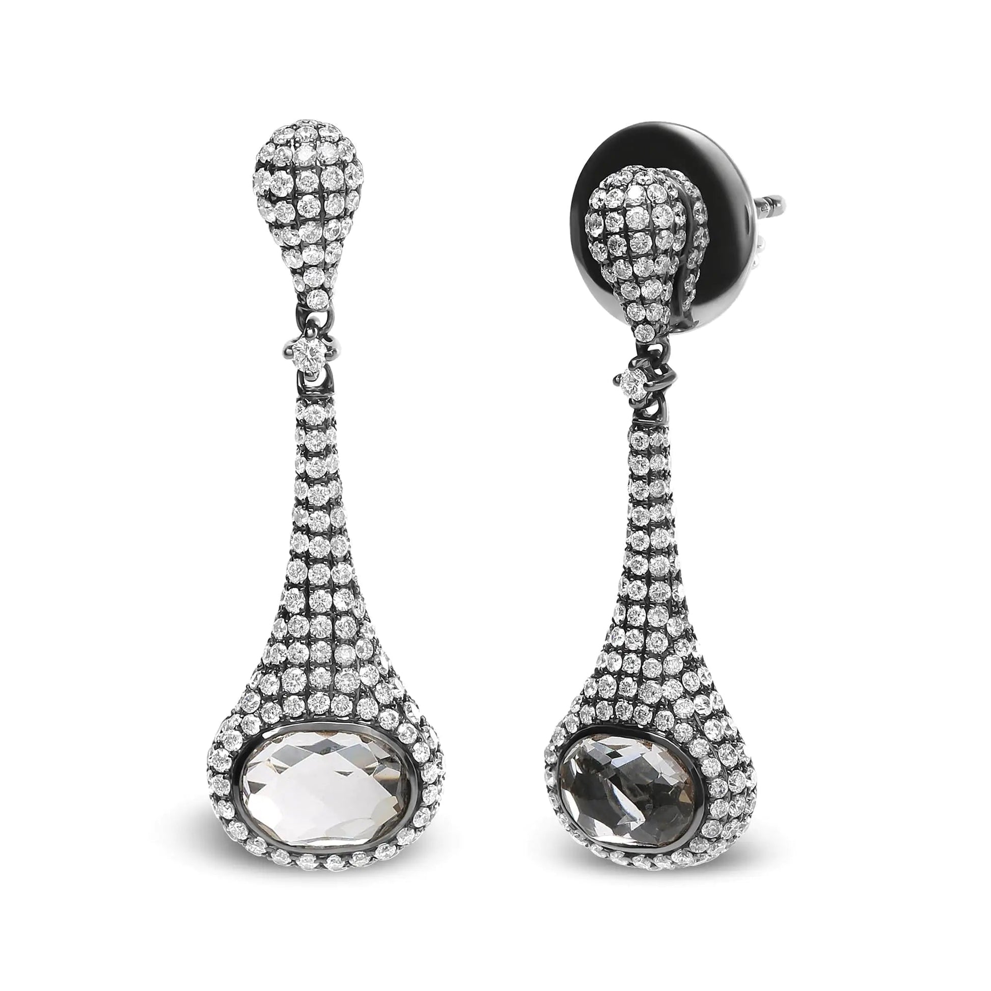 Black Rhodium Plated 18K White Gold 1 3/8 Cttw Round Pave Diamonds and 8x6mm Oval White Quartz Gemstone Sculptural Drop and Dangle Earrings (G-H Color, SI1-SI2 Clarity) WEM Support (www.WEM.support)