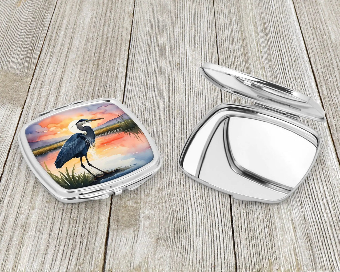 Blue Heron Setting Sun Compact Mirror WEM Support (www.WEM.support)