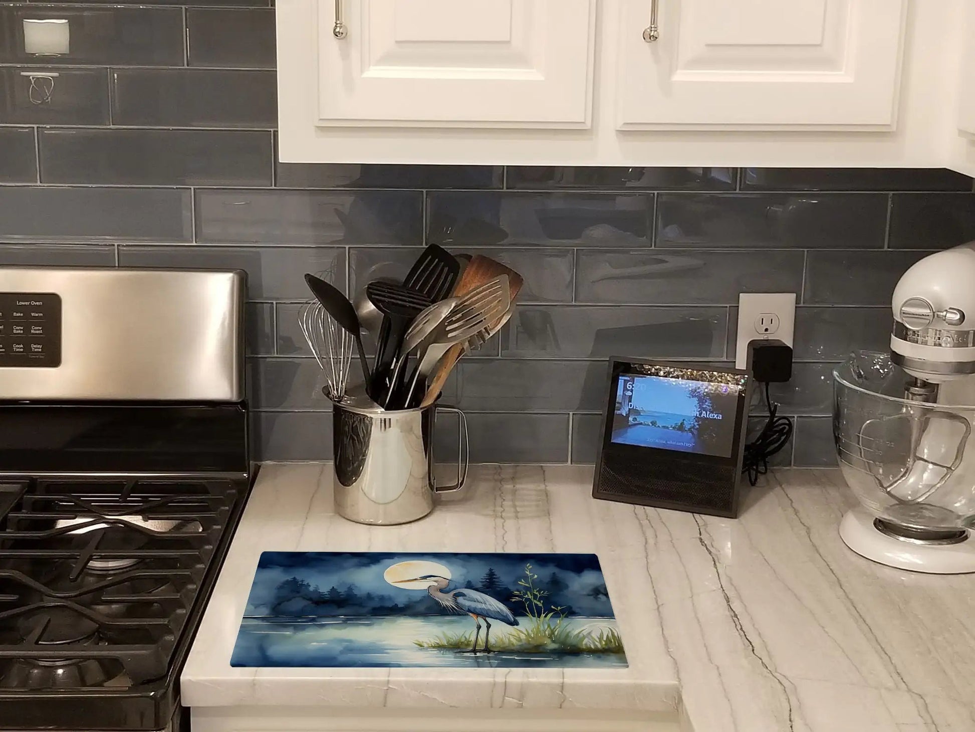 Blue Heron Under the Moonlight Glass Cutting Board WEM Support (www.WEM.support)