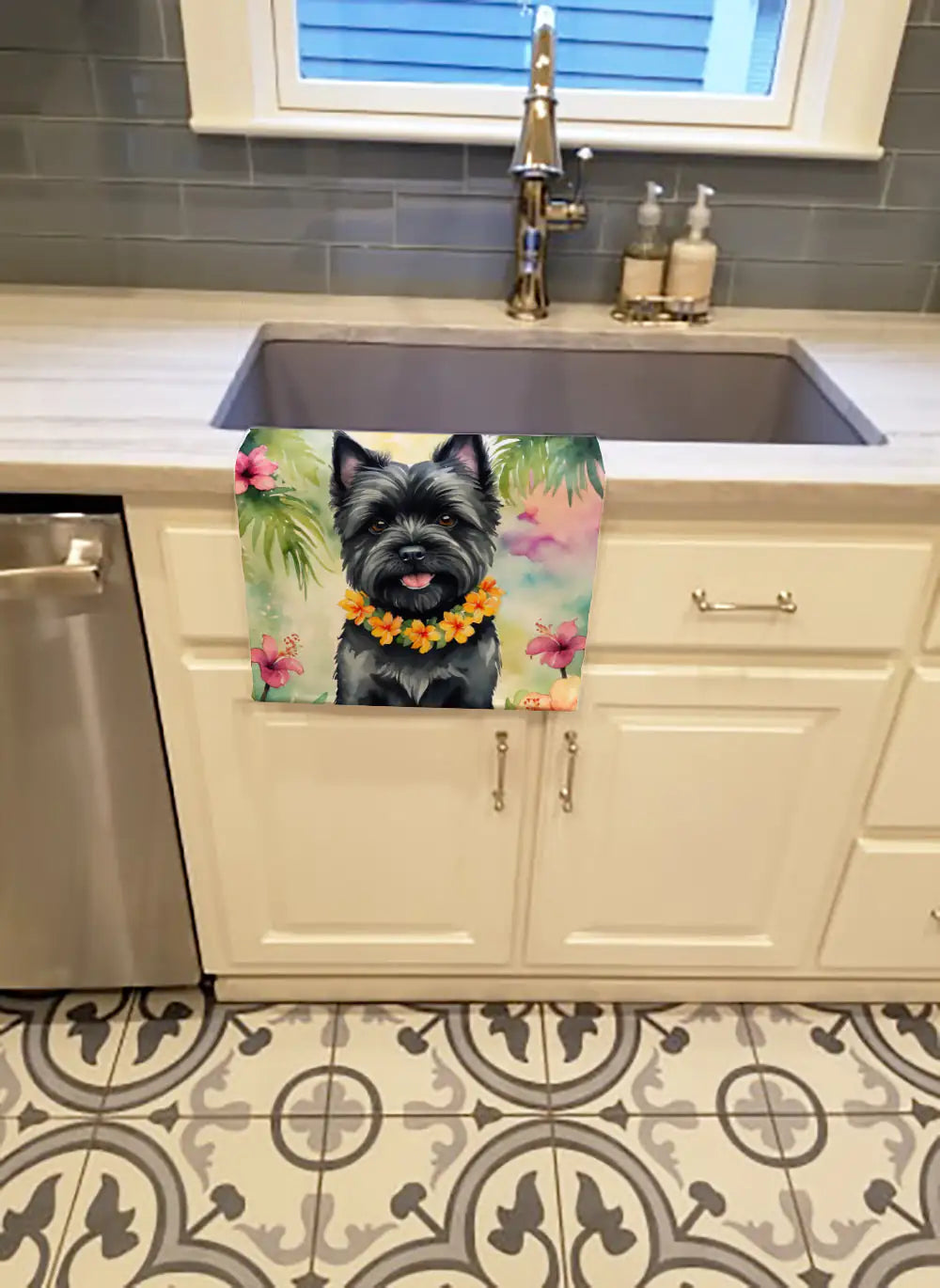 Cairn Terrier Luau Kitchen Towel WEM Support (www.WEM.support)