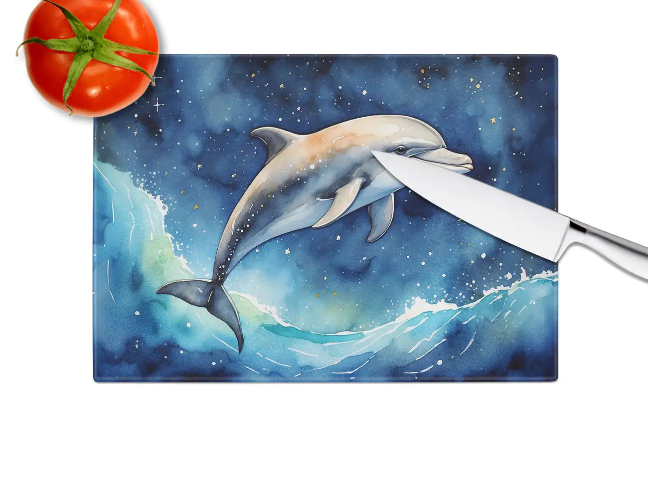 Dolphin in a Starry Sea Glass Cutting Board WEM Support (www.WEM.support)