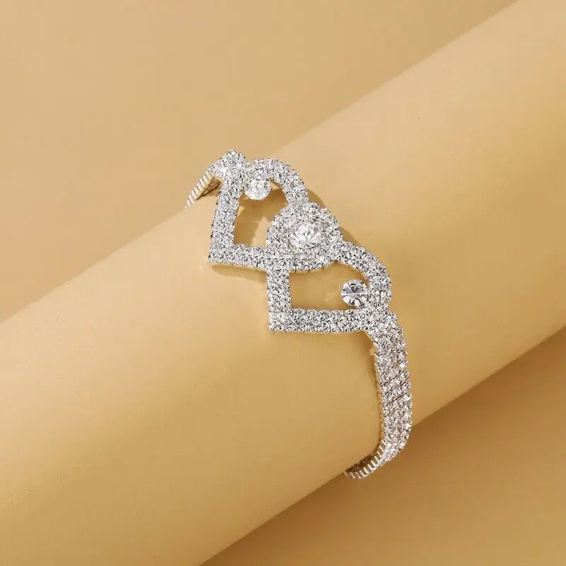 Double Heart Anklet Bracelet Love Barefoot Chain Bling Crystal Ankle Bracelet US WEM Support (www.WEM.support)