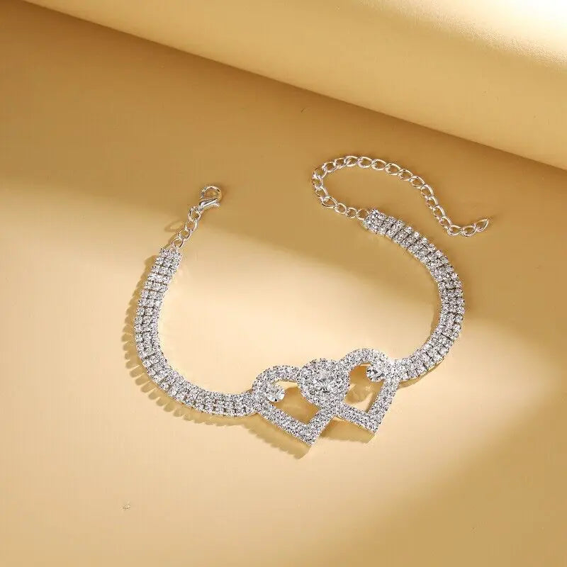 Double Heart Anklet Bracelet Love Barefoot Chain Bling Crystal Ankle Bracelet US WEM Support (www.WEM.support)