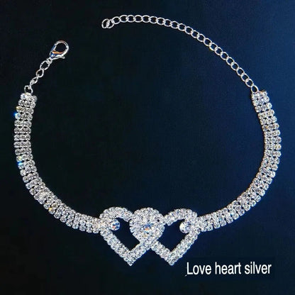 Double Heart Anklet Bracelet Love Barefoot Chain Bling Crystal Ankle Bracelet US WEM Support (www.WEM.support)