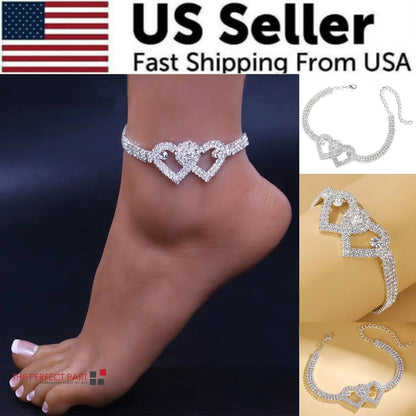 Double Heart Anklet Bracelet Love Barefoot Chain Bling Crystal Ankle Bracelet US WEM Support (www.WEM.support)