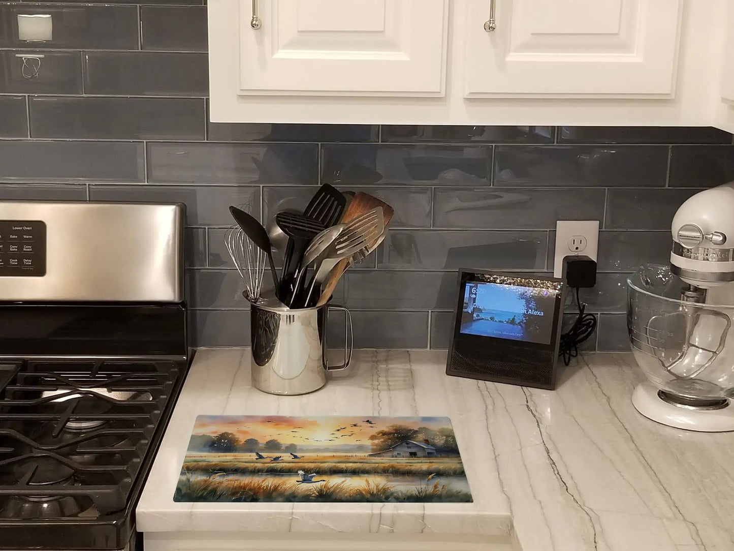 Geese in Flight Glass Cutting Board WEM Support (www.WEM.support)