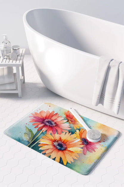 Gerbera Daisies in Watercolor Memory Foam Kitchen Mat WEM Support (www.WEM.support)