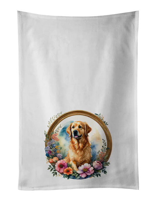 Golden Retriever and Flowers Kitchen Towel Set of 2 WEM Support (www.WEM.support)