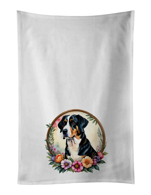 Greater Swiss Mountain Dog and Flowers Kitchen Towel Set of 2 WEM Support (www.WEM.support)