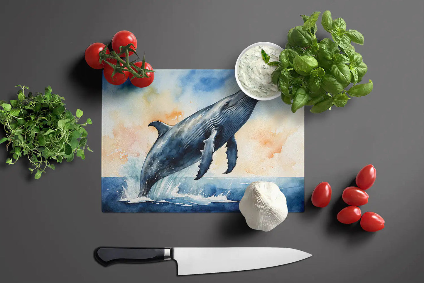 Humpback Whale Breaching Glass Cutting Board WEM Support (www.WEM.support)