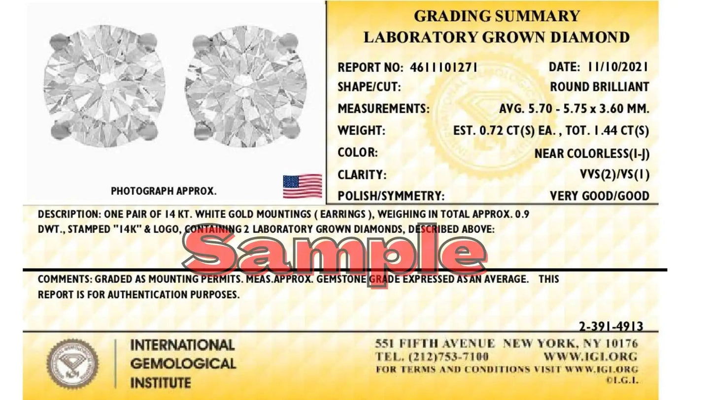 IGI Certified 14K White Gold 1 1/2 Cttw Lab Grown Diamond Solitaire Stud Earrings with Screwbacks (I-J Color, VVS2-VS1 Clarity) WEM Support (www.WEM.support)