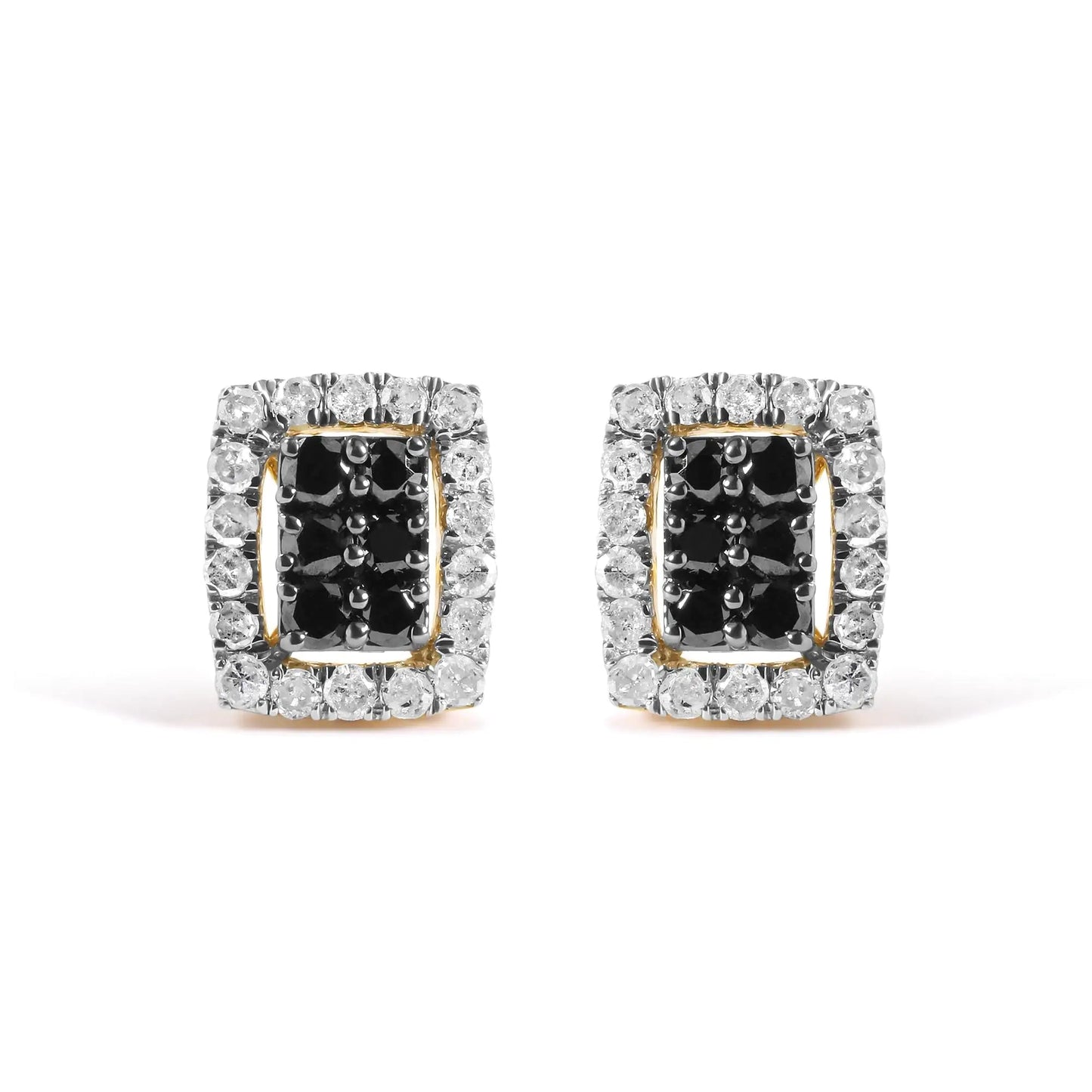 Men's 10K Yellow Gold 1.00 Cttw White and Black Diamond Emerald Shape Halo Stud Earring (Black / I-J Color, I2-I3 Clarity) WEM Support (www.WEM.support)