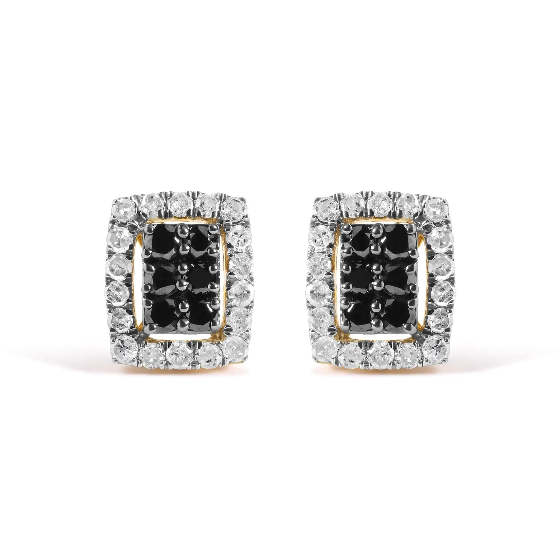 Men's 10K Yellow Gold 1.00 Cttw White and Black Diamond Emerald Shape Halo Stud Earring (Black / I-J Color, I2-I3 Clarity) WEM Support (www.WEM.support)