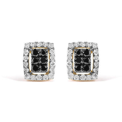 Men's 10K Yellow Gold 1.00 Cttw White and Black Diamond Emerald Shape Halo Stud Earring (Black / I-J Color, I2-I3 Clarity) WEM Support (www.WEM.support)