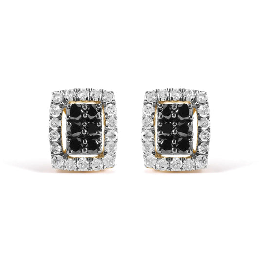 Men's 10K Yellow Gold 1.00 Cttw White and Black Diamond Emerald Shape Halo Stud Earring (Black / I-J Color, I2-I3 Clarity) WEM Support (www.WEM.support)