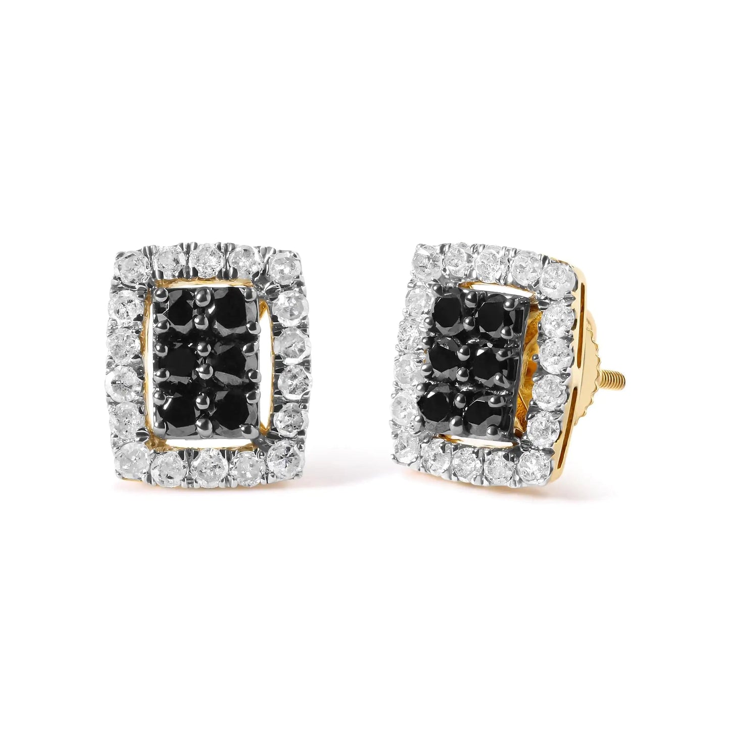 Men's 10K Yellow Gold 1.00 Cttw White and Black Diamond Emerald Shape Halo Stud Earring (Black / I-J Color, I2-I3 Clarity) WEM Support (www.WEM.support)