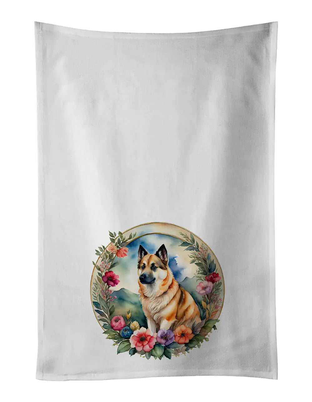 Norwegian Buhund and Flowers Kitchen Towel Set of 2 WEM Support (www.WEM.support)