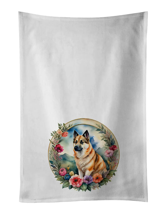 Norwegian Buhund and Flowers Kitchen Towel Set of 2 WEM Support (www.WEM.support)