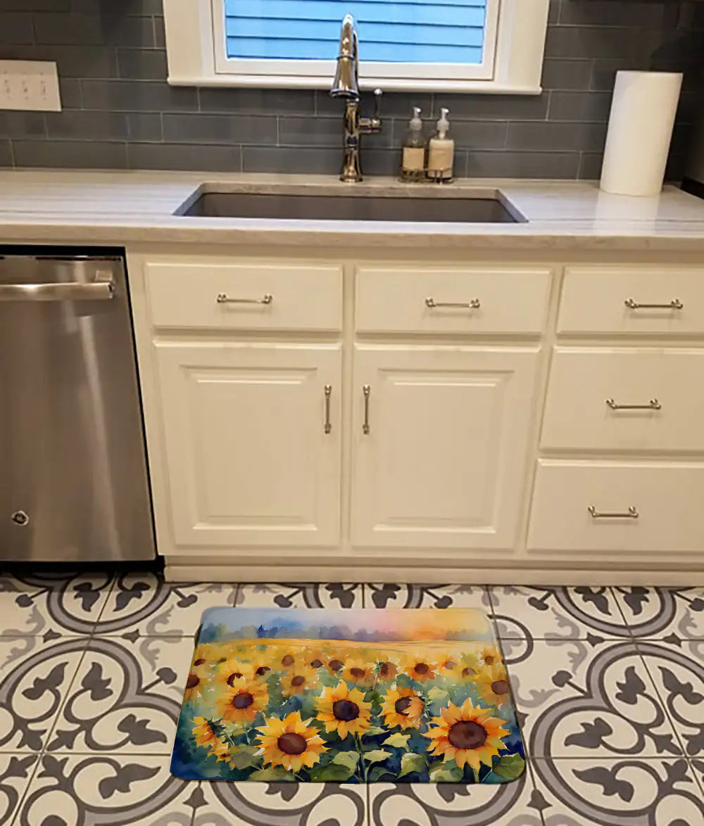 Sunflowers in Watercolor Memory Foam Kitchen Mat WEM Support (www.WEM.support)