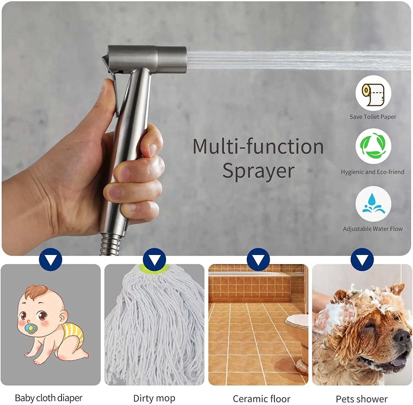 Toilet Shattaf Adapter Hose Bidet Spray Stainless Steel Handheld Shower Head US WEM Support (www.WEM.support)