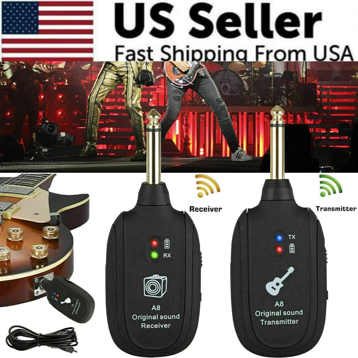 UHF Guitar Wireless System Transmitter+Receiver Built In Rechargeable Battery WEM Support (www.WEM.support)