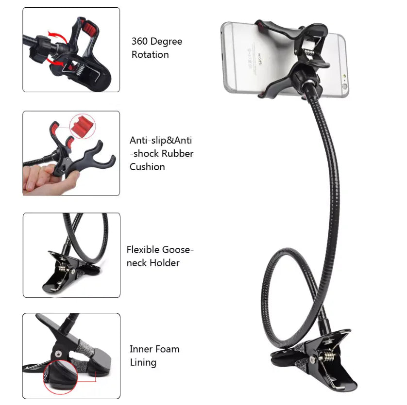 Universal Lazy Mobile Phone Gooseneck Stand Holder Flexible Bed Desk Table Clip WEM Support (www.WEM.support)