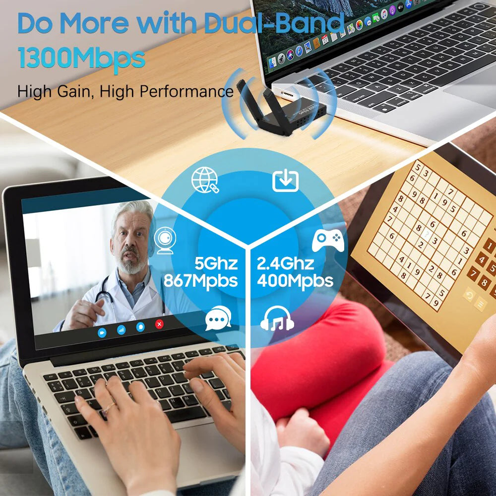 USB 3.0 Wireless WIFI Adapter 1300Mbps Long Range Dongle Dual Band 5Ghz Network WEM Support (www.WEM.support)