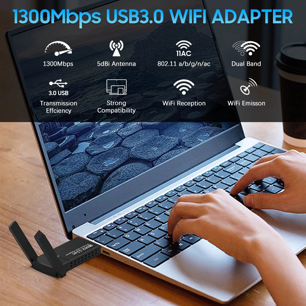 USB 3.0 Wireless WIFI Adapter 1300Mbps Long Range Dongle Dual Band 5Ghz Network WEM Support (www.WEM.support)