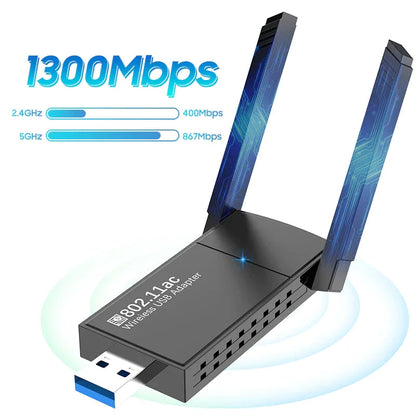 USB 3.0 Wireless WIFI Adapter 1300Mbps Long Range Dongle Dual Band 5Ghz Network WEM Support (www.WEM.support)