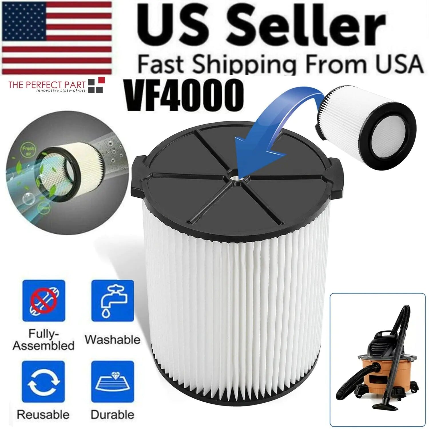 VF4000 Replacement RIDGID Wet/Dry Washable Vacuum Garage Shop Vac Pleated Filter WEM Support (www.WEM.support)