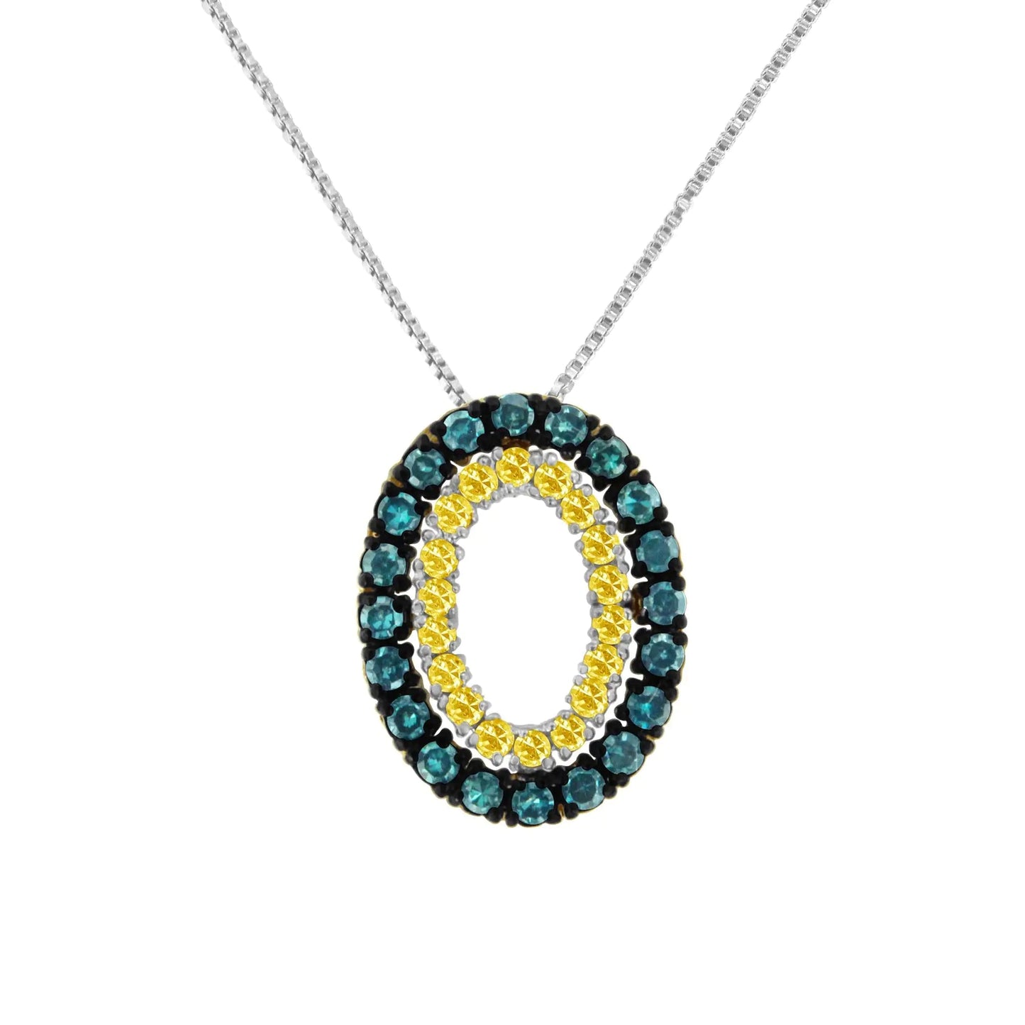 14K Yellow Gold Plated Sterling Silver 1/2 Cttw Color Treated Diamond Double Oval 18" Pendant Necklace (Blue Color, I2-I3 Clarity) WEM Support (www.WEM.support)