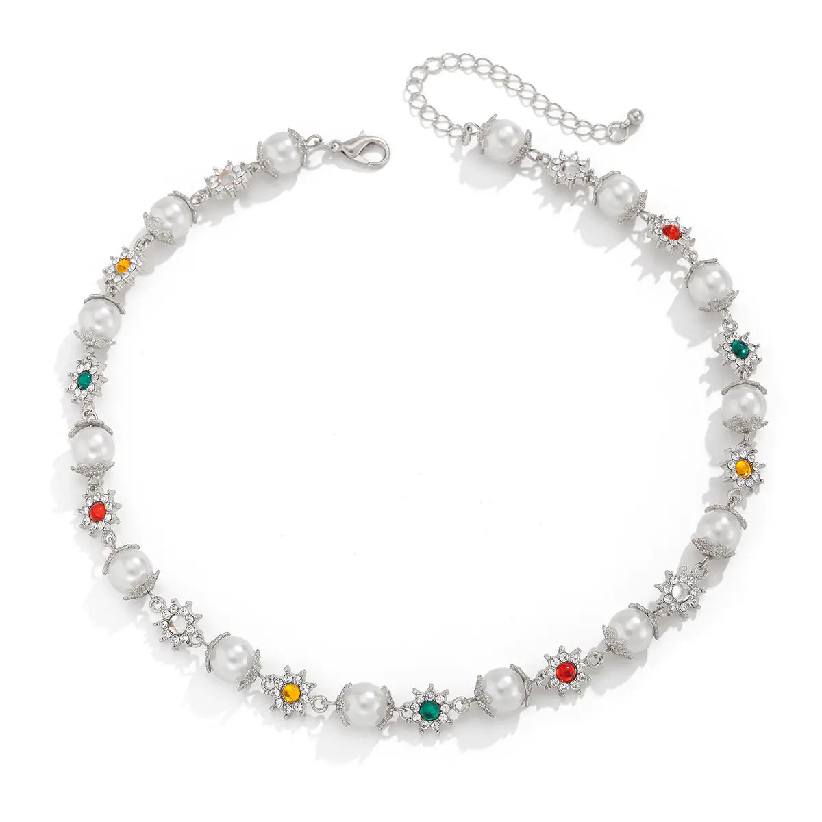 Colored Diamond-embedded Small Flower Pearl Necklace WEM Support (www.WEM.support)