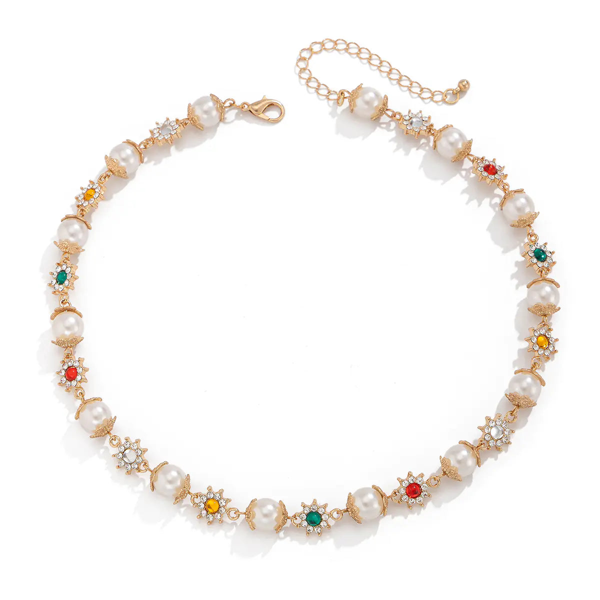 Colored Diamond-embedded Small Flower Pearl Necklace WEM Support (www.WEM.support)