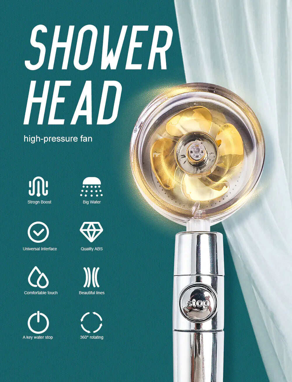 High Pressure Shower Head Adjustable 360° Rotation Turbine Water Saving Shower WEM Support (www.WEM.support)