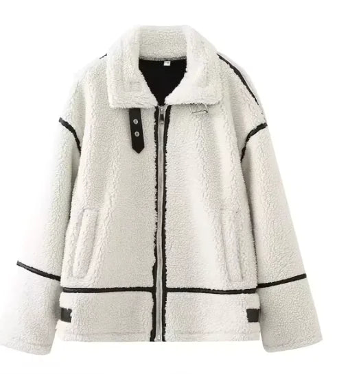 Women's Fashion Loose Patchwork Easy Matching Lambswool Jacket WEM Support (www.WEM.support)