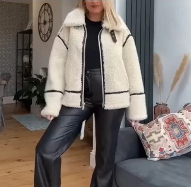 Women's Fashion Loose Patchwork Easy Matching Lambswool Jacket WEM Support (www.WEM.support)