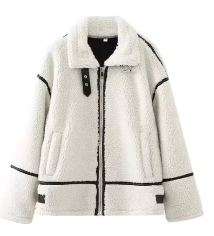 Women's Fashion Loose Patchwork Easy Matching Lambswool Jacket WEM Support (www.WEM.support)