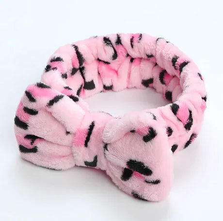 Leopard Print Coral Fleece Workout Hair Band with Bow WEM Support (www.WEM.support)